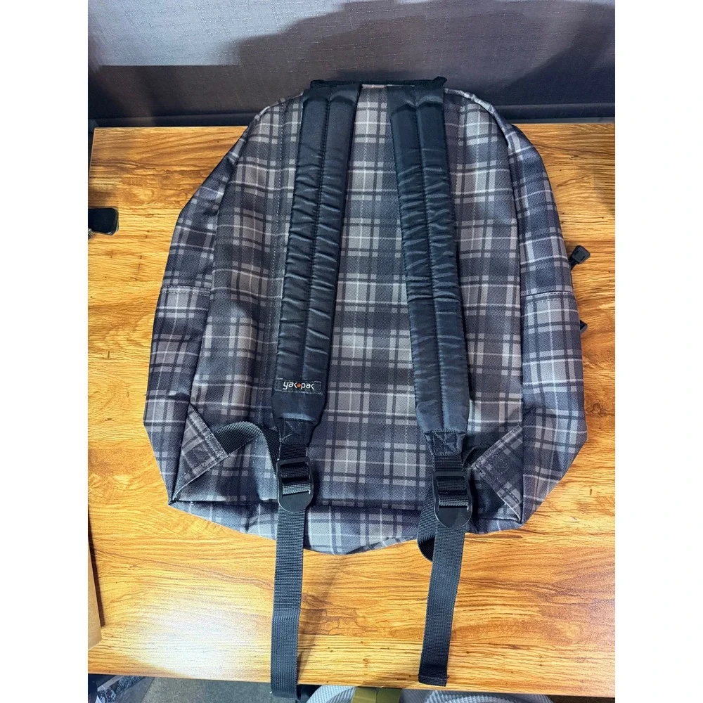 Yak Pak Grey Plaid Backpack with Orange Zipper Accents Men's School Travel Bag
